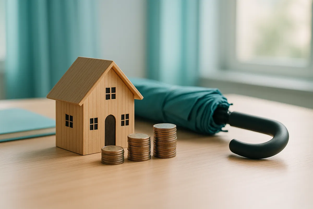 A model house beside stacked coins and a closed umbrella on a desk