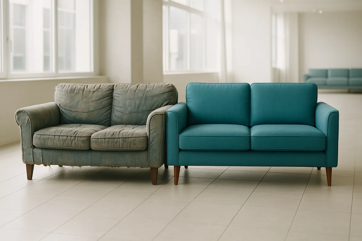 A worn, faded sofa beside a brand new teal one in an empty room