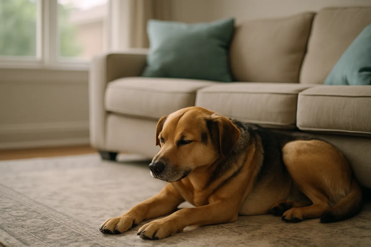 A tan dog with darker markings on its back lying on a patterned rug in front of a beige sofa with a teal cushion, beside a window