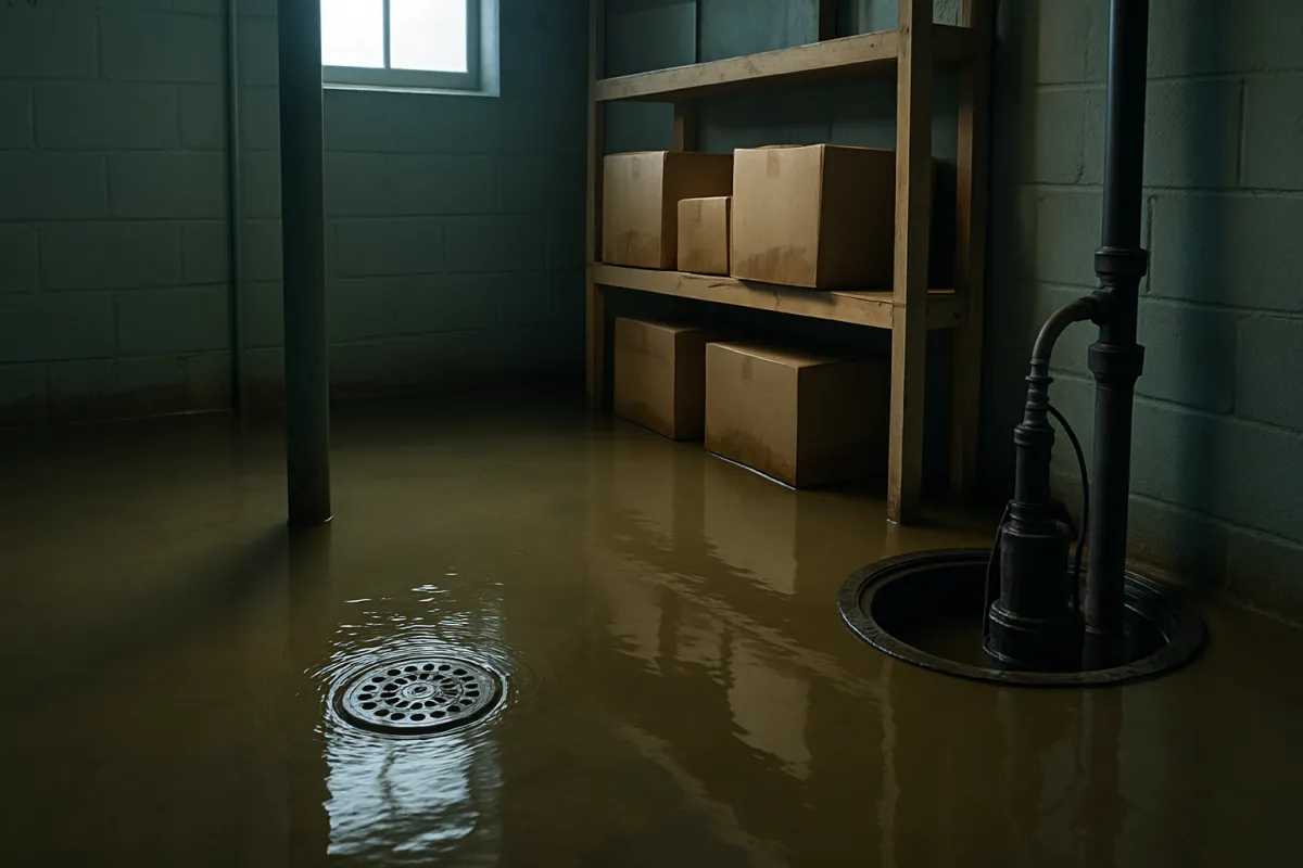 Murky standing water covering a basement floor around a round floor drain, with an open sump pit and pump beside cardboard boxes on a wooden shelf