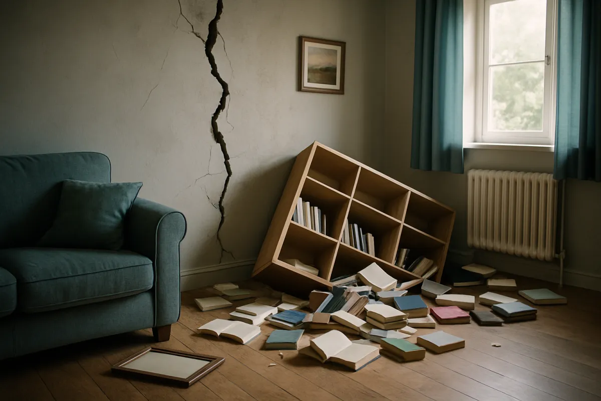 A living room with a long crack running down a plaster wall, a toppled wooden bookcase leaning against the wall and books scattered across the floor beside a teal sofa