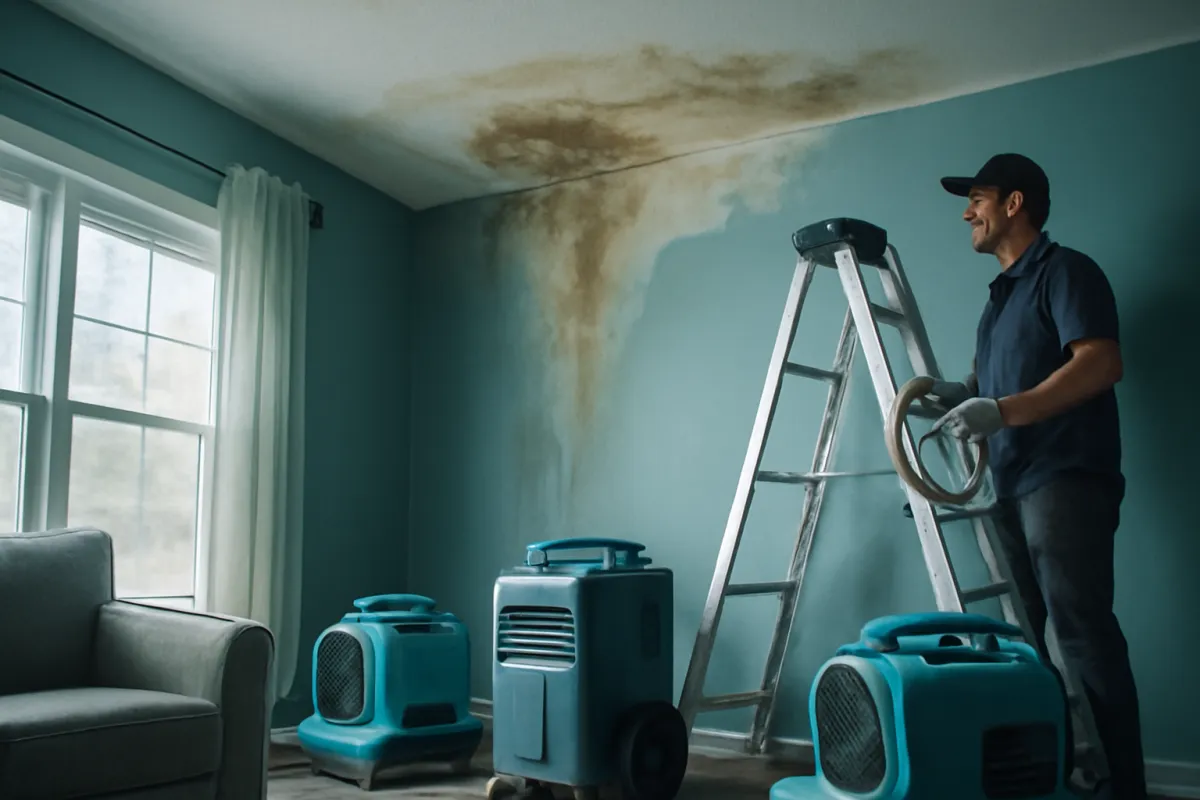 A residential interior mid-repair after water damage, with moisture equipment and staining under cool natural light
