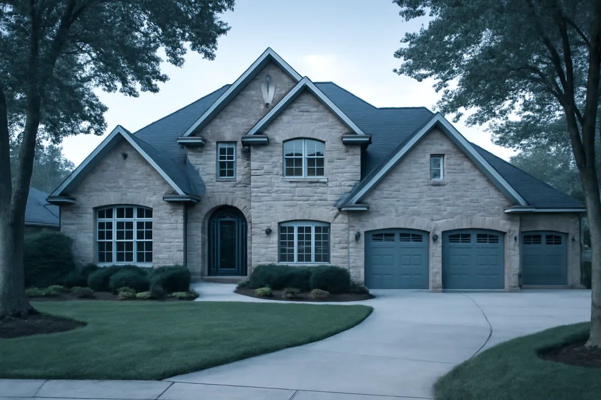 An upscale two-story suburban house with a stone facade and a three-car garage on a large landscaped lot in soft daylight with a cool blue tint