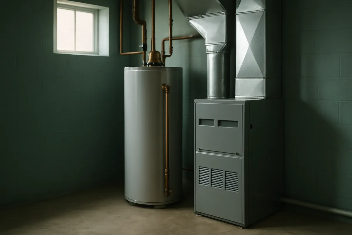 A domestic water heater tank beside a furnace cabinet with metal ductwork, standing in a basement corner lit by a small window