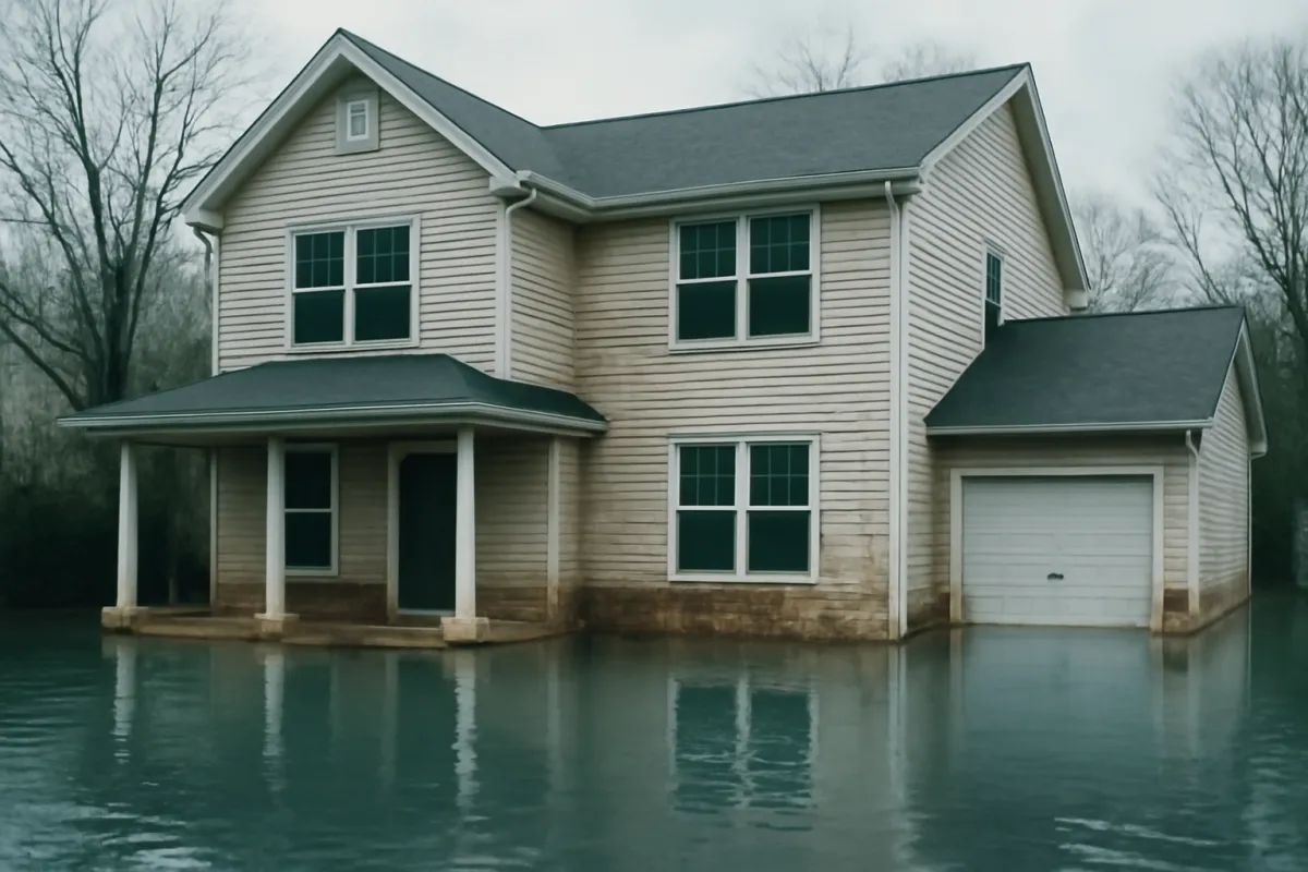 A two-story suburban house with murky floodwater pooled around its foundation and lower walls under an overcast sky