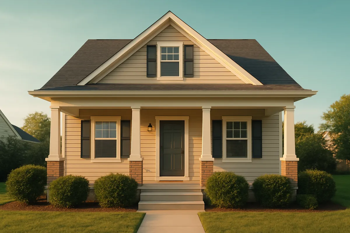 A well-kept family home exterior with a porch in soft morning light
