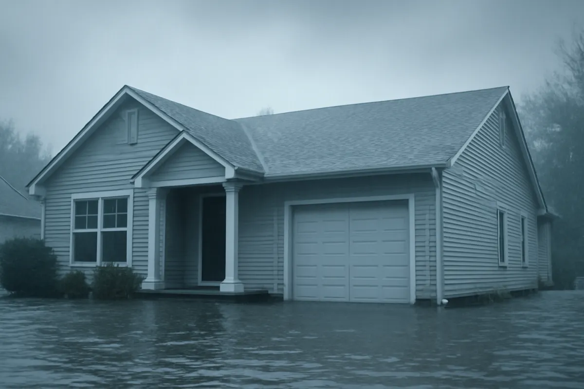 A suburban single-story house with floodwater pooling against its foundation under a grey overcast sky