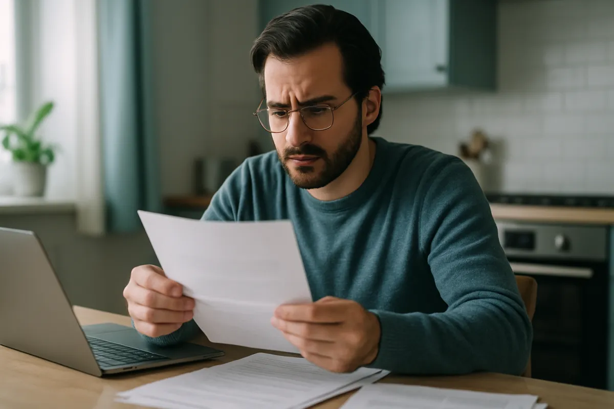 A homeowner sitting at a kitchen table reading a printed letter with more paperwork and a laptop spread out in cool neutral light