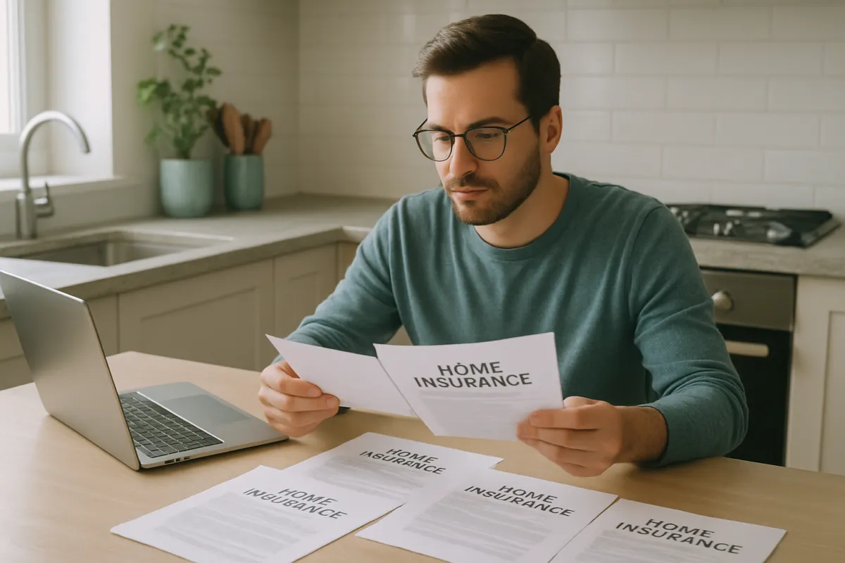A homeowner at a kitchen table comparing several home insurance policy documents next to an open laptop in calm morning light