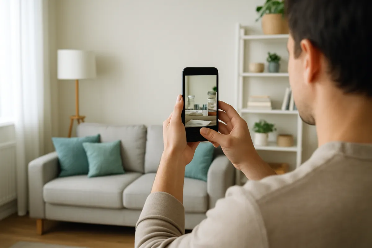 A person standing in a living room photographing their belongings with a smartphone to build a home inventory in bright natural light