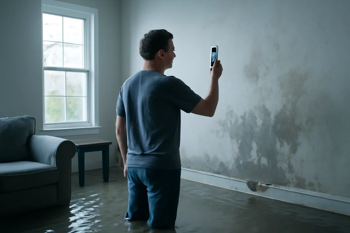 A homeowner standing in a flooded first-floor room photographing water-damaged walls with a phone in cool blue light