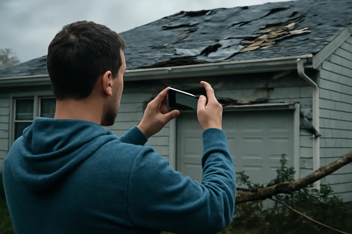 A homeowner standing outside a storm-damaged house photographing torn roof shingles and siding with a phone in cool neutral light