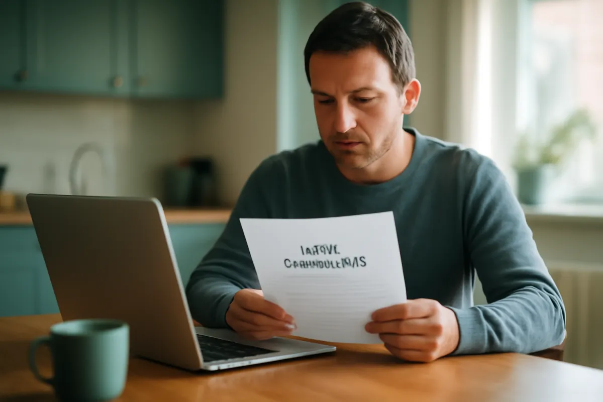 A homeowner at a kitchen table reviewing a printed home insurance policy next to an open laptop in calm morning light