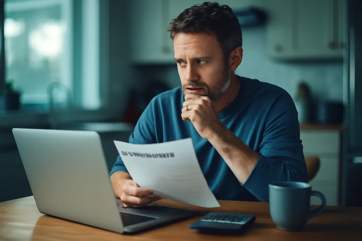 A homeowner reviewing insurance paperwork on a laptop with a calculator at a kitchen table