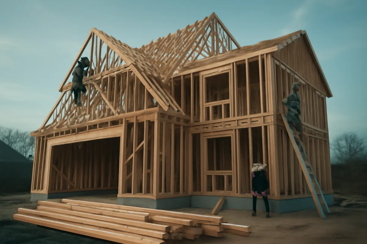 A mid-size suburban home under construction with exposed roof trusses and framing