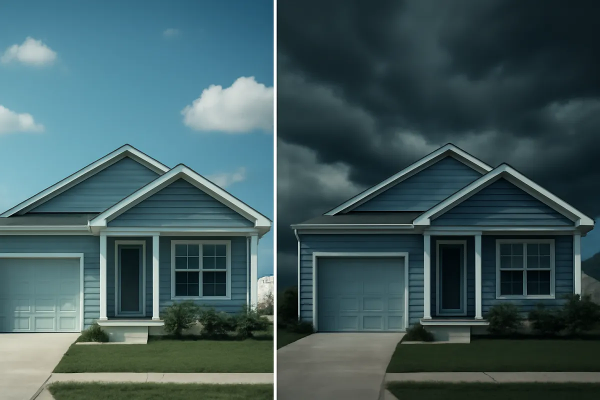 A split image of the same modest suburban house, one half under a clear blue sky and the other under dark storm clouds