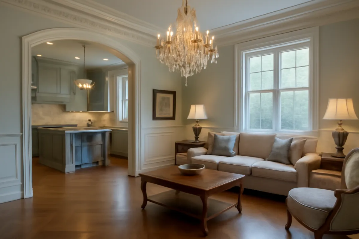 An elegant home interior with a chandelier, hardwood floors, and custom cabinetry
