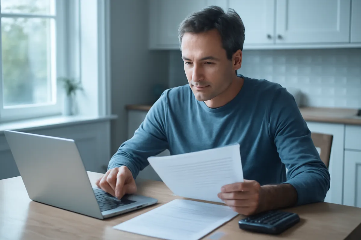 A homeowner comparing insurance quotes on a laptop with printed documents and a calculator at a kitchen table