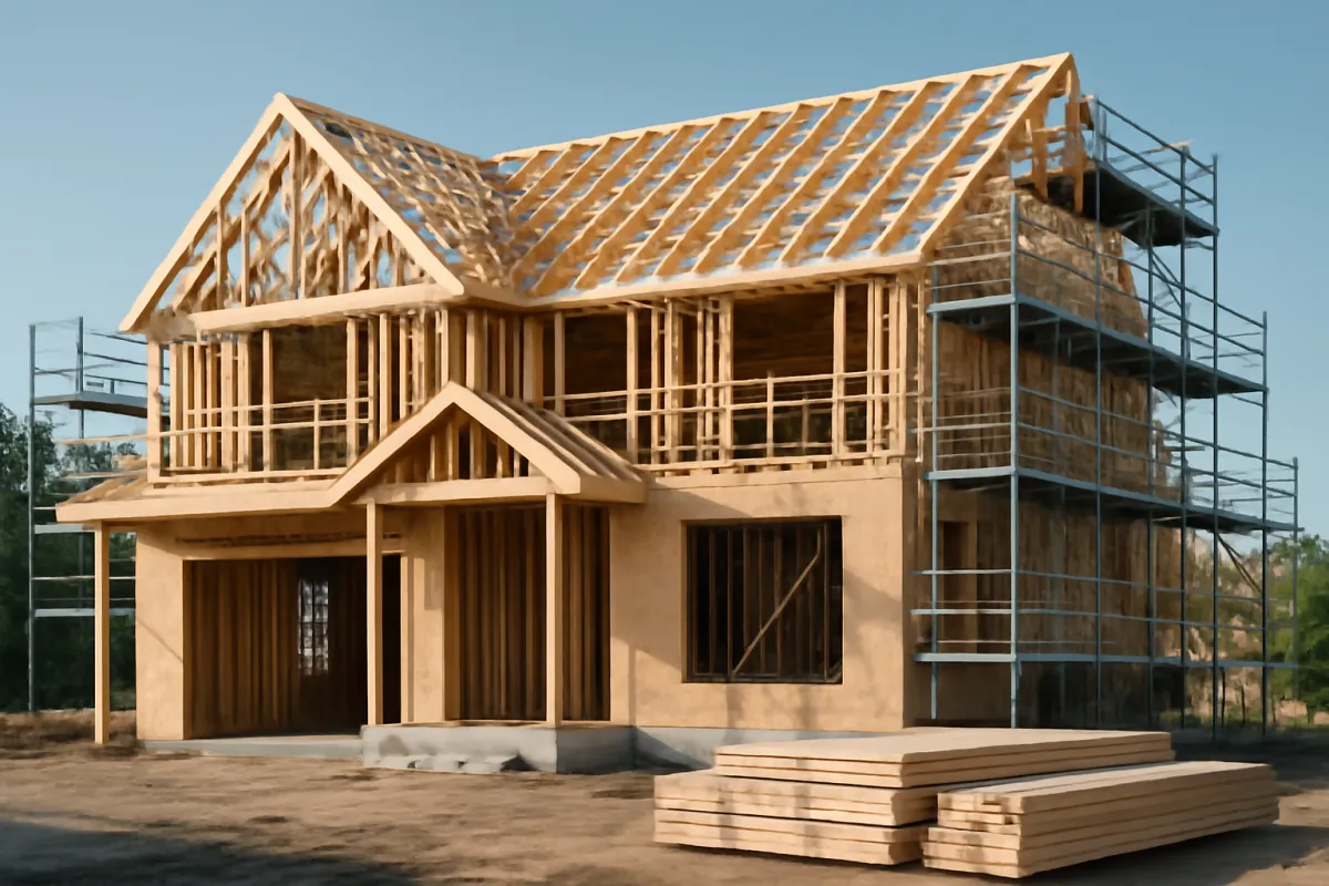A larger upscale suburban home under construction with exposed roof trusses, framing, and scaffolding