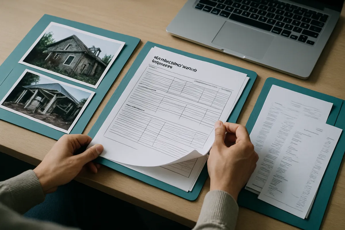 Hands sorting a printed form over teal folders of damage photographs and estimates laid out beside a laptop in cool neutral light