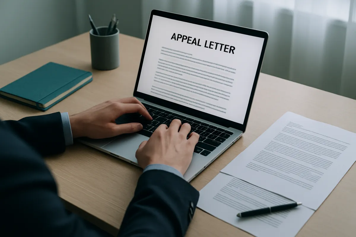 A person writing a formal appeal letter on a laptop at a tidy desk with reference documents beside the keyboard in cool neutral light