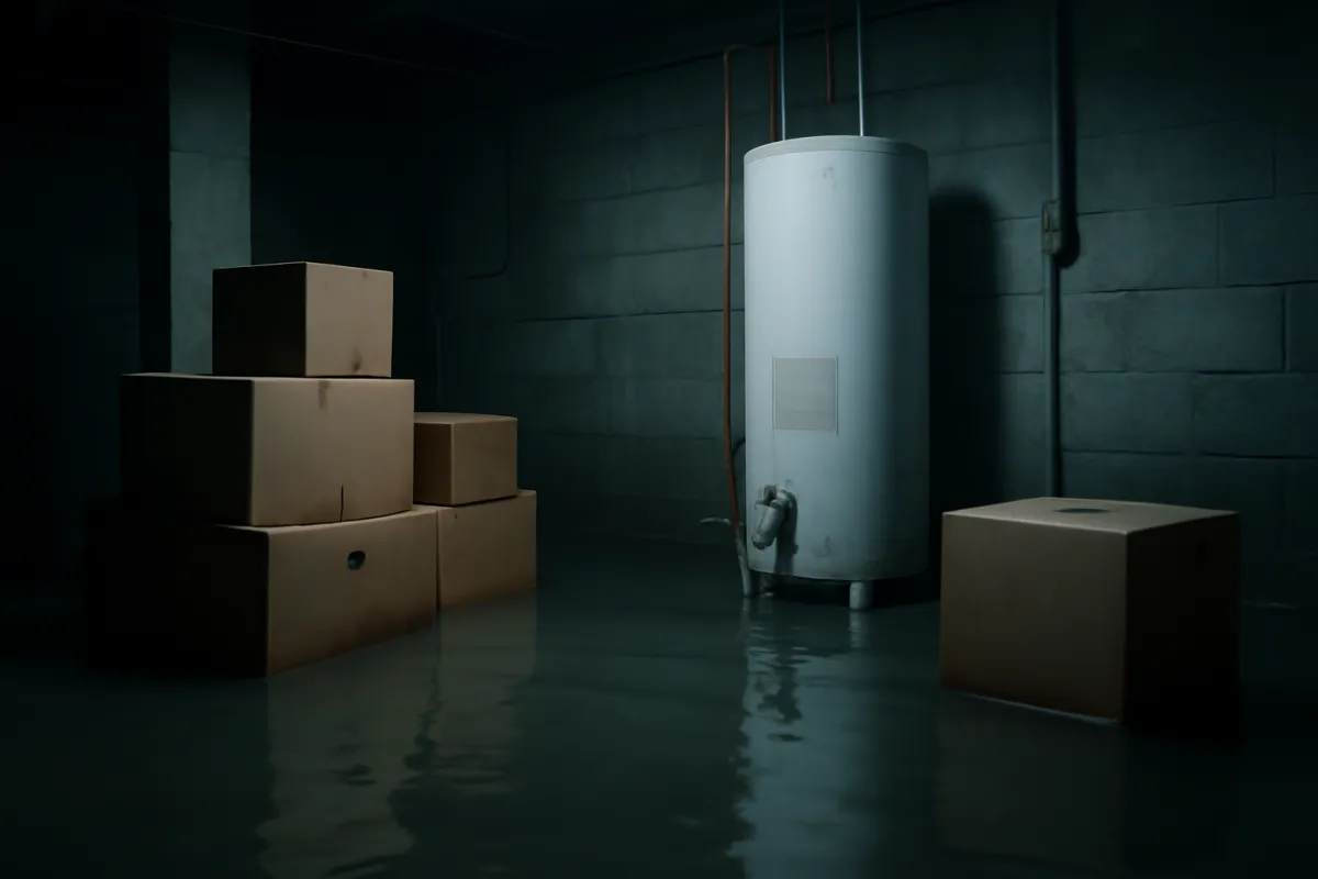 A partially flooded residential basement with a few inches of water covering the floor around cardboard boxes and a water heater
