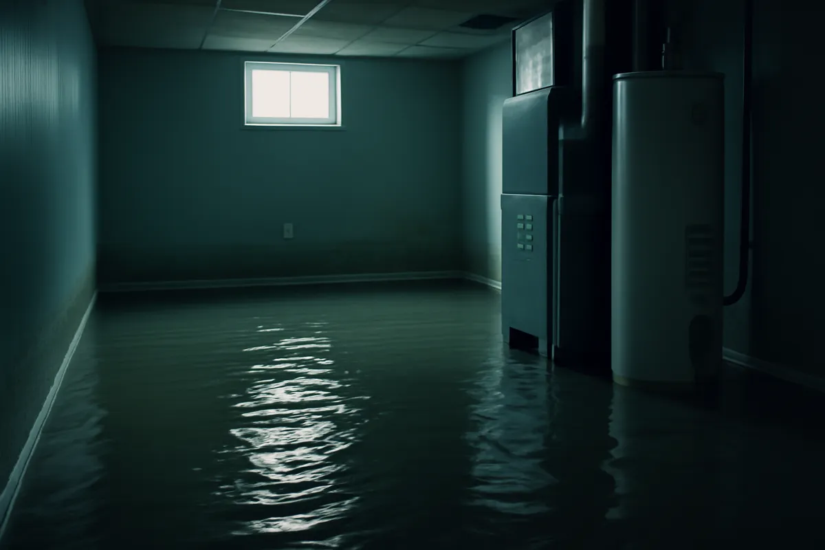 A finished residential basement with water covering the floor, a visible waterline on the lower drywall, and a furnace and water heater standing in the water