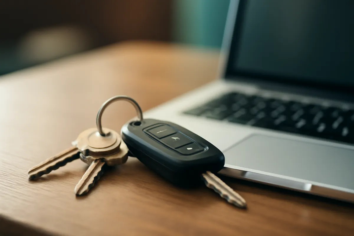 A set of house keys and a car key fob resting on a table beside a laptop, suggesting a new policy taking effect