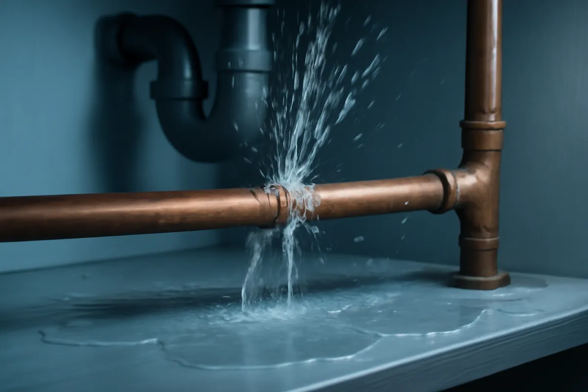 A burst copper pipe spraying water inside a sink cabinet, the kind of sudden plumbing failure a homeowners policy is built around