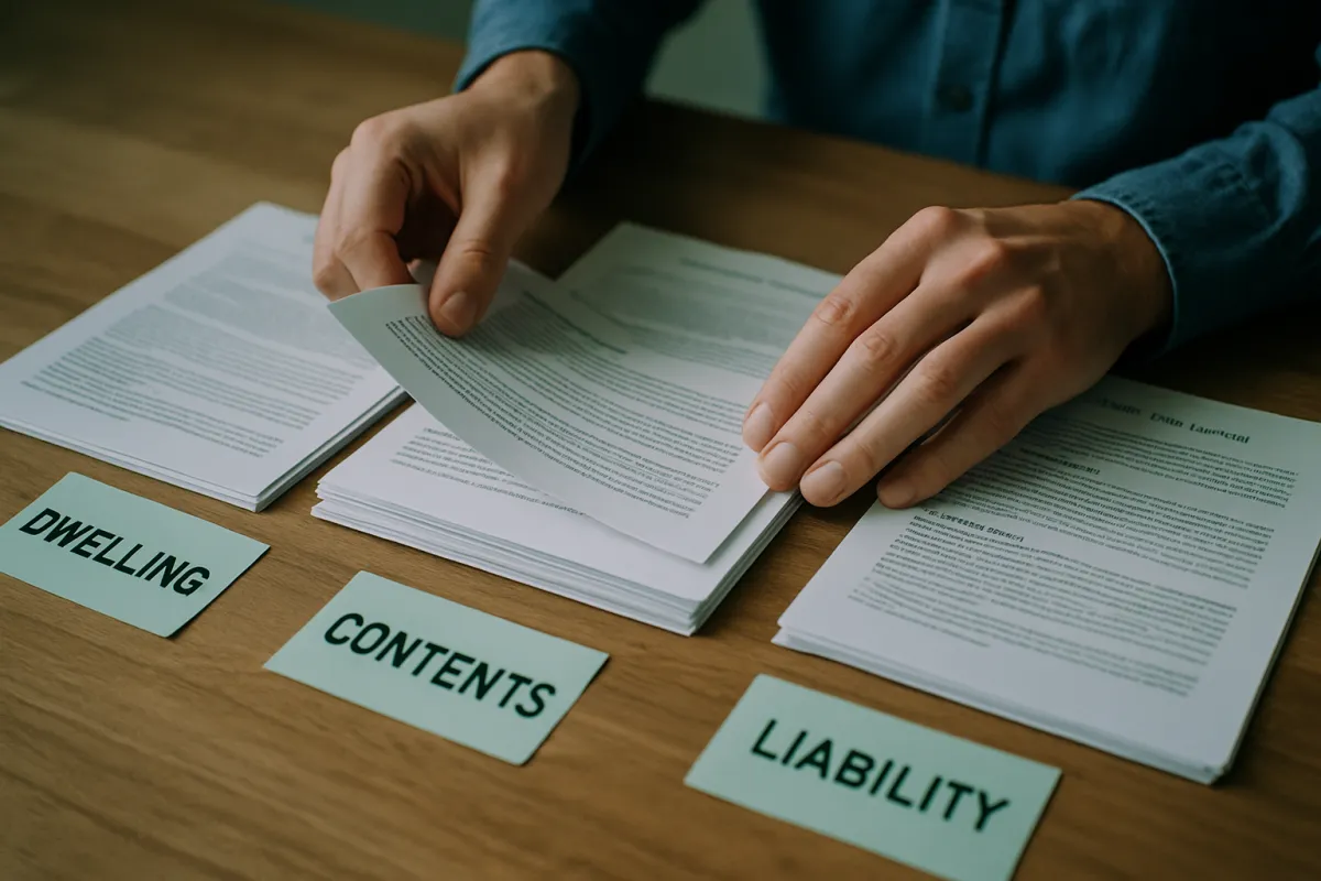 Hands sorting printed home insurance coverage sections into labeled groups on a wooden table