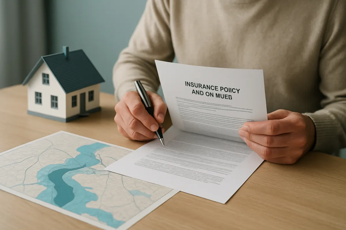 A homeowner holding an insurance policy document and a pen beside a small model house and a water-shaded map on a desk