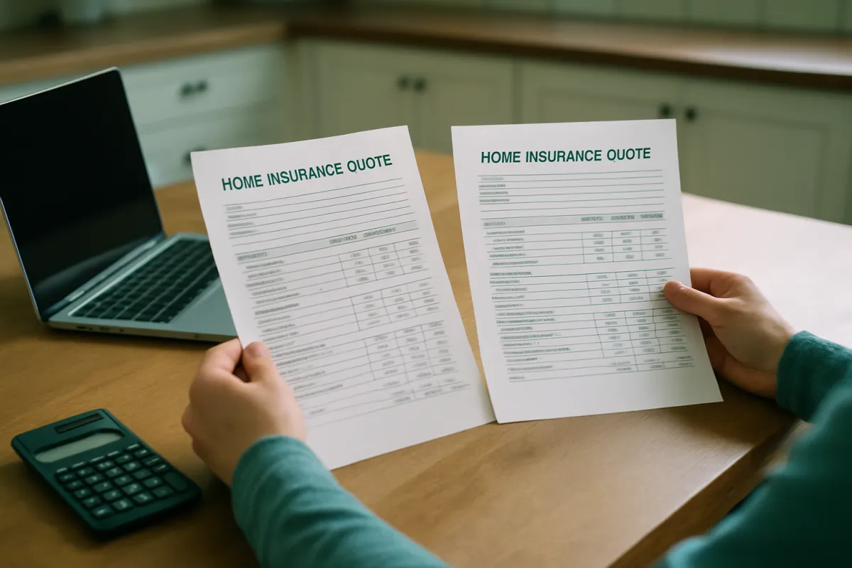 Two home insurance quote sheets held side by side at a kitchen table with a laptop and a calculator