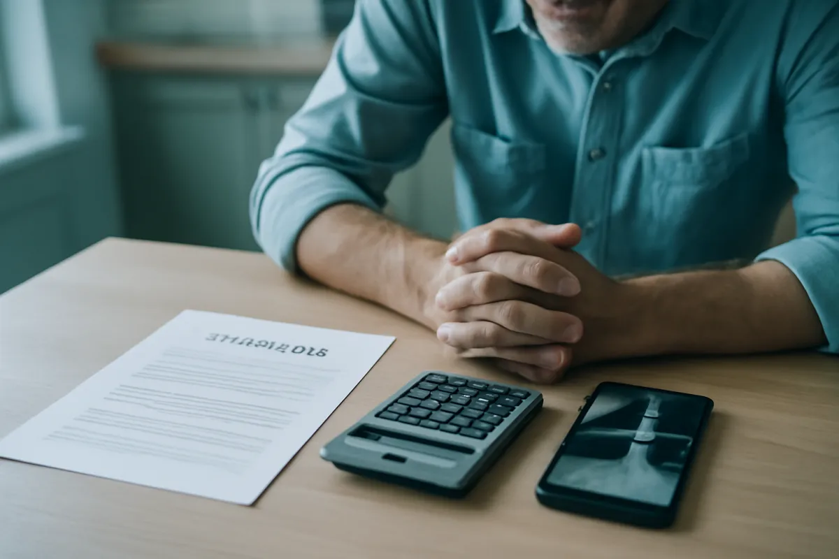 A homeowner at a kitchen table with an insurance document and a calculator, weighing whether to file a claim