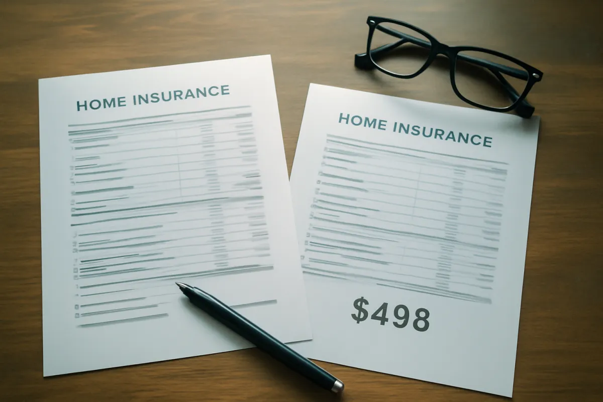 Two printed home insurance quote documents laid side by side on a wooden table with a pen and reading glasses