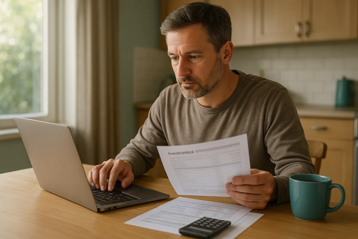 A homeowner comparing insurance quotes on a laptop with a calculator and printed pages
