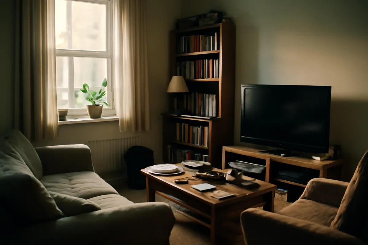 A small living room with a fabric sofa and armchair, a wooden coffee table, a filled bookshelf, a flatscreen television on a wooden stand, and a curtained window with a potted plant
