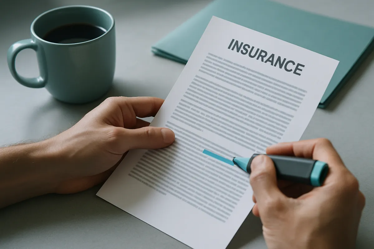 Close-up of hands holding a printed insurance letter and marking a line with a highlighter next to a folder and coffee mug in cool neutral light