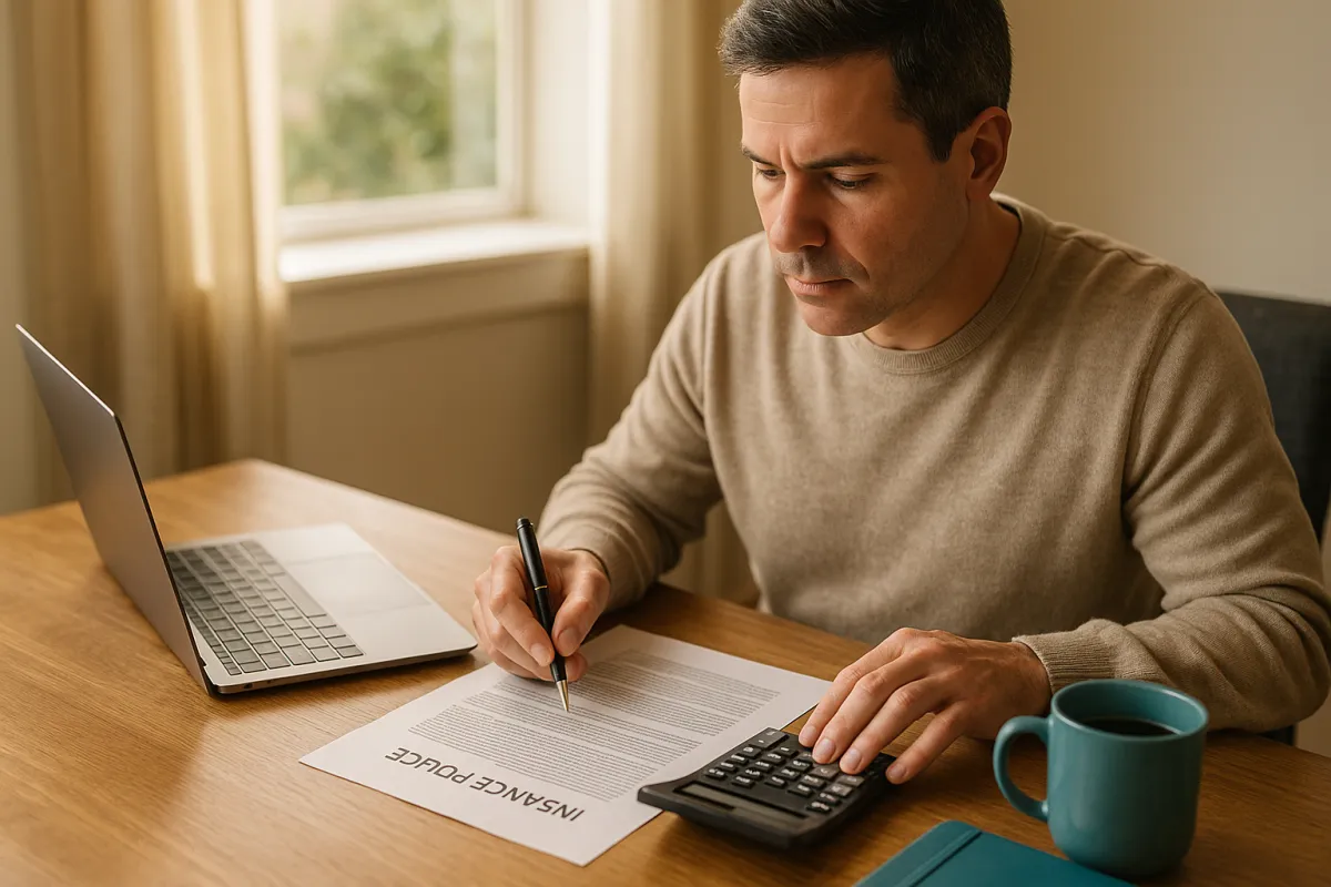 A homeowner at a desk reviewing insurance policy pages with a calculator, checking the liability limit against household assets