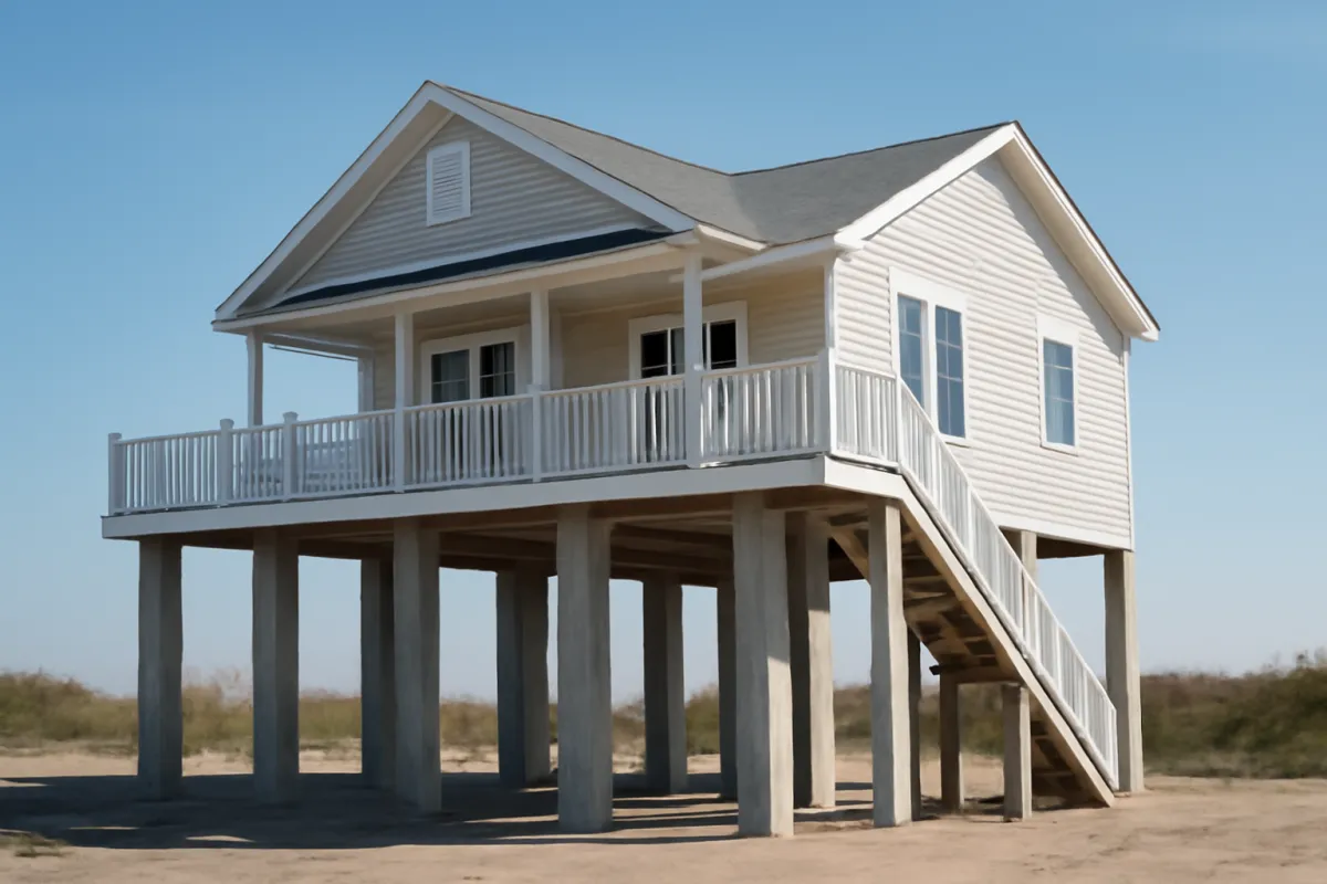 A coastal house raised on tall concrete piling stilts above ground level as a flood mitigation measure under a clear sky