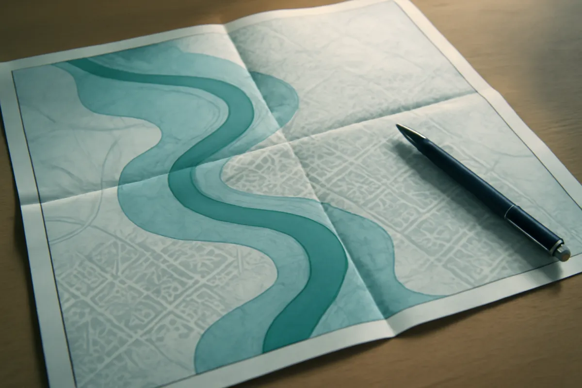 A folded paper flood map on a wooden desk showing teal-shaded flood zones winding across a residential street grid, with a pen resting beside it