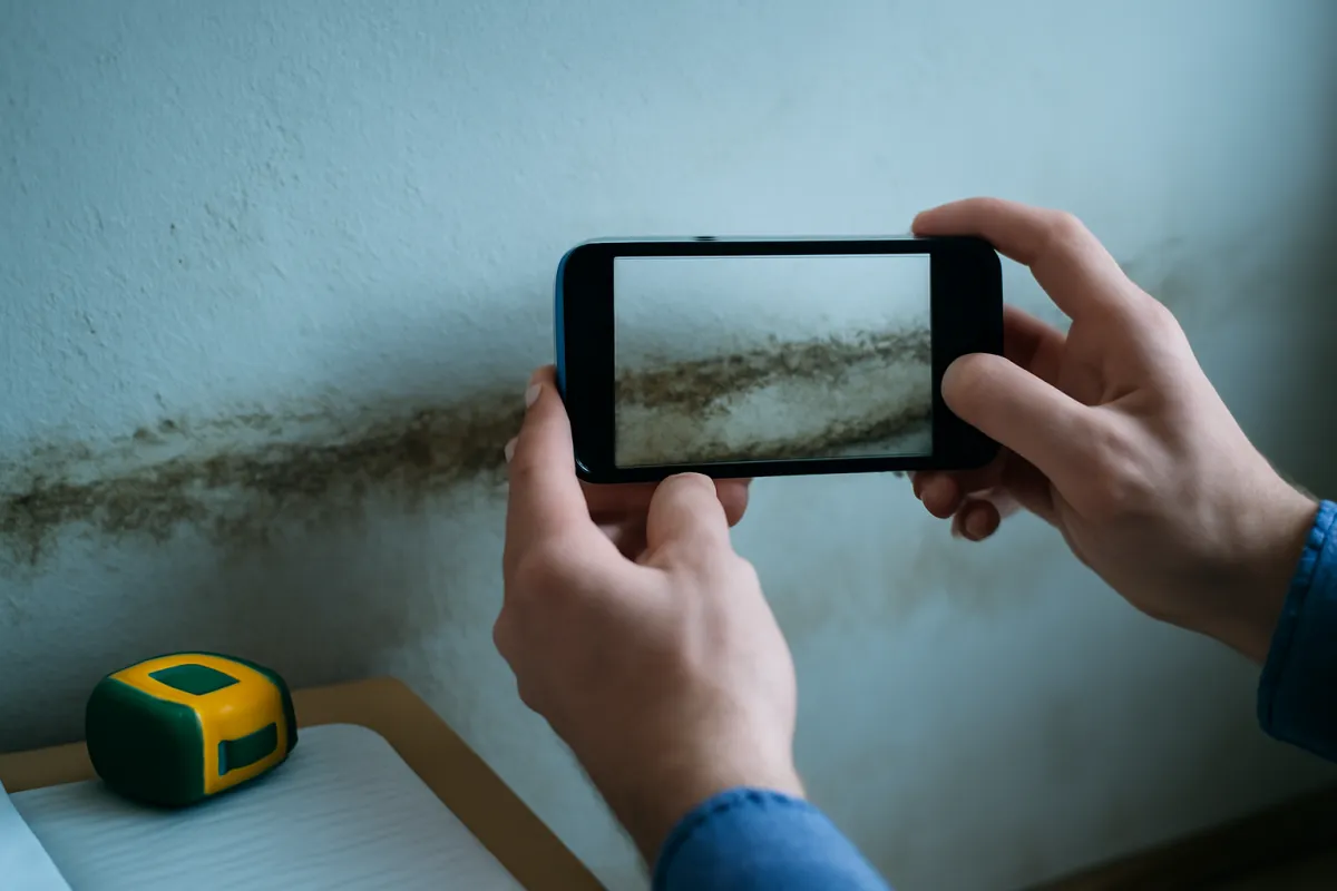 Hands photographing a high-water line and mud stain on an interior wall with a smartphone in cool blue light