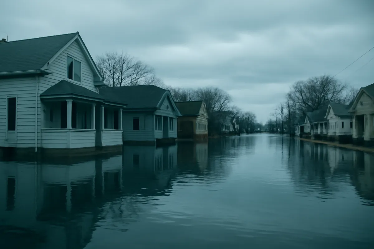 A residential street with floodwater rising against house foundations under a grey overcast sky