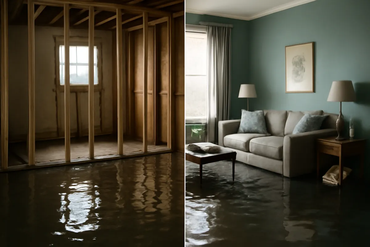 A split view of a flooded home showing the bare structural shell of a room on one side and household furniture and belongings on the other