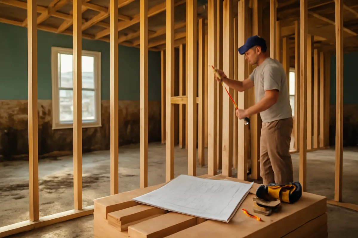 A flood-damaged house under reconstruction with new wooden framing going up and a contractor measuring lumber