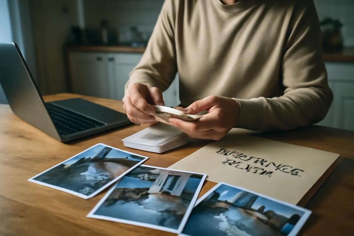 A person at a table organizing receipts, printed damage photos, and a claim envelope with a laptop open in warm indoor light