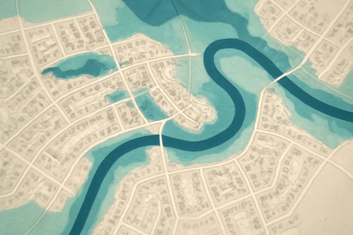 An overhead flood zone map of a residential neighborhood with shaded high-risk areas following the curve of a river