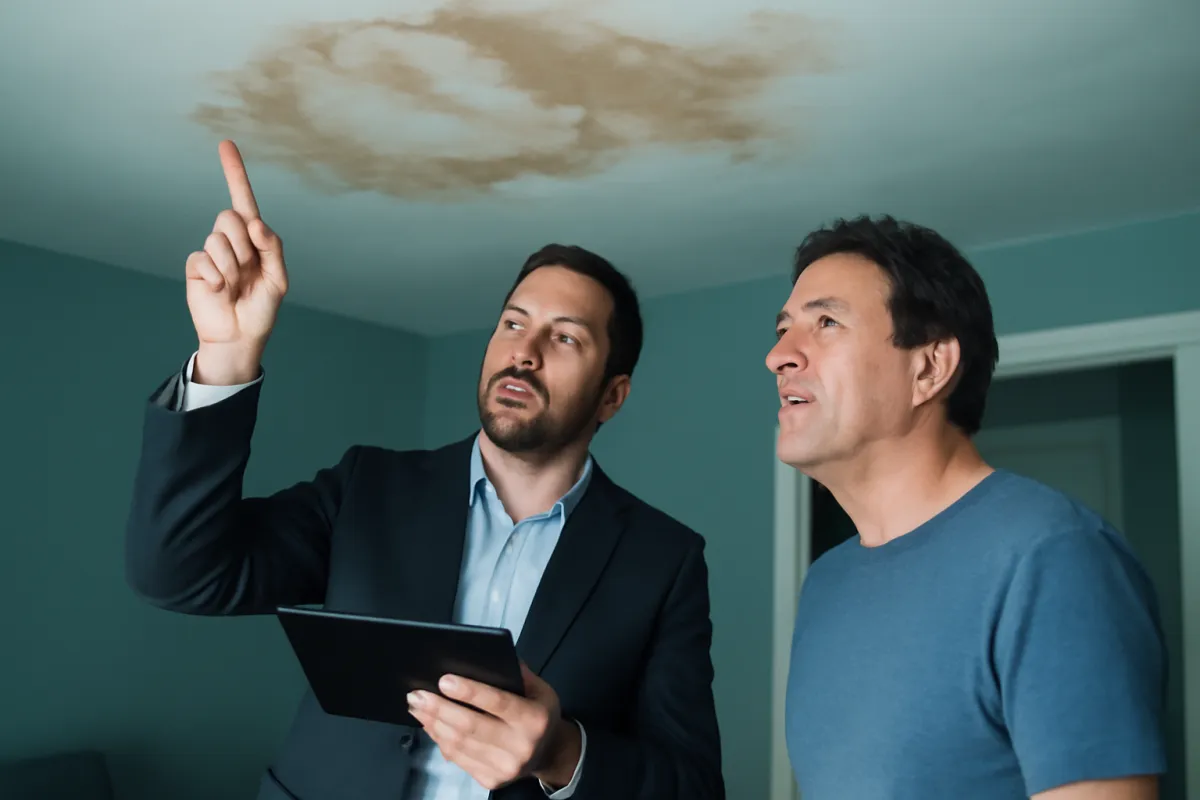 An insurance adjuster and a homeowner looking up at a water-stained damaged ceiling, the adjuster holding a tablet, in cool neutral light