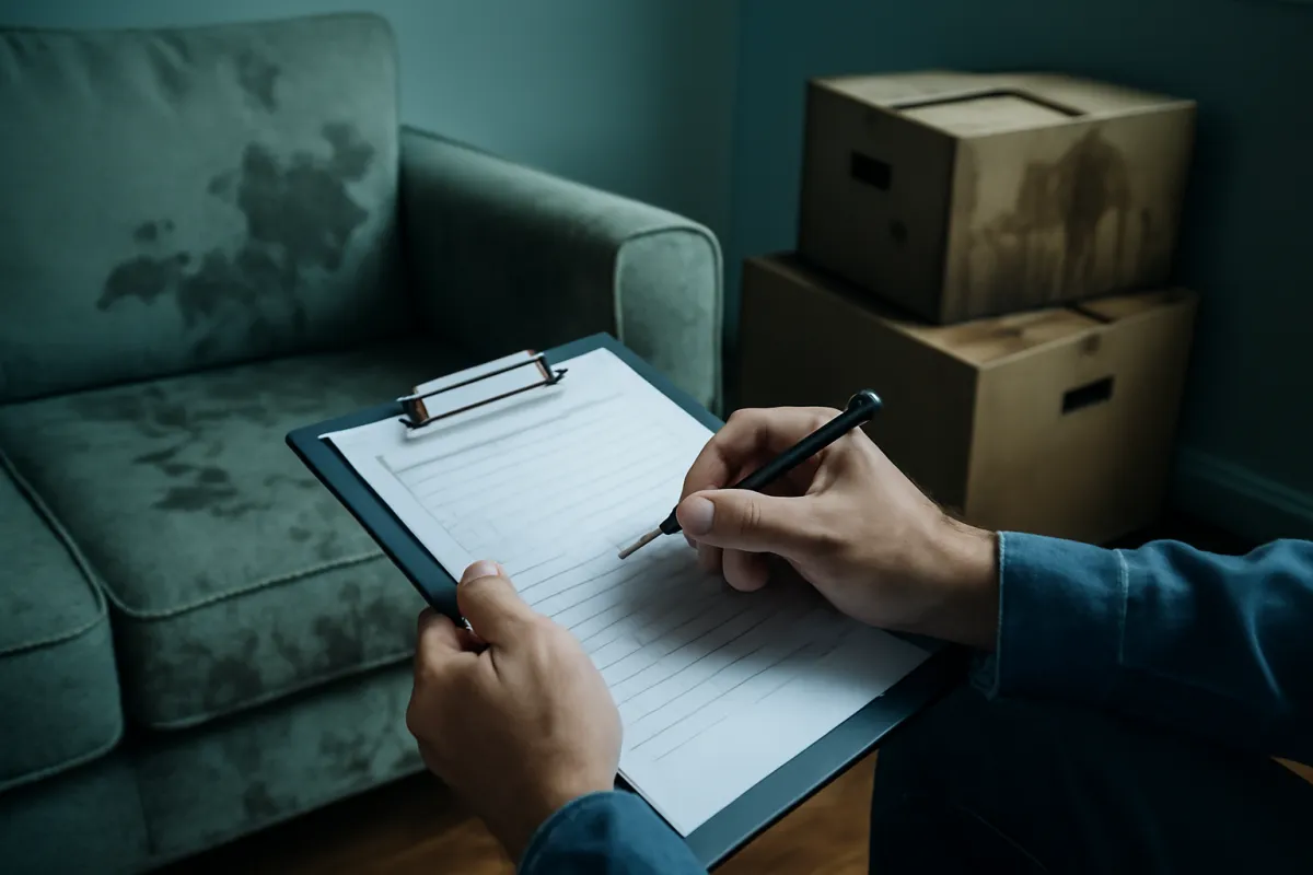Hands writing an itemized inventory of damaged belongings on a clipboard next to water-stained furniture in cool neutral light