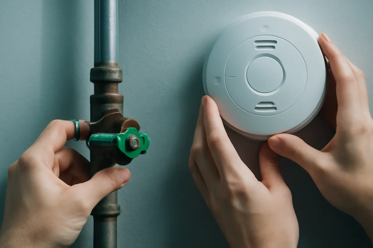 Hands adjusting a home water main shutoff valve beside a wall-mounted smoke alarm being installed