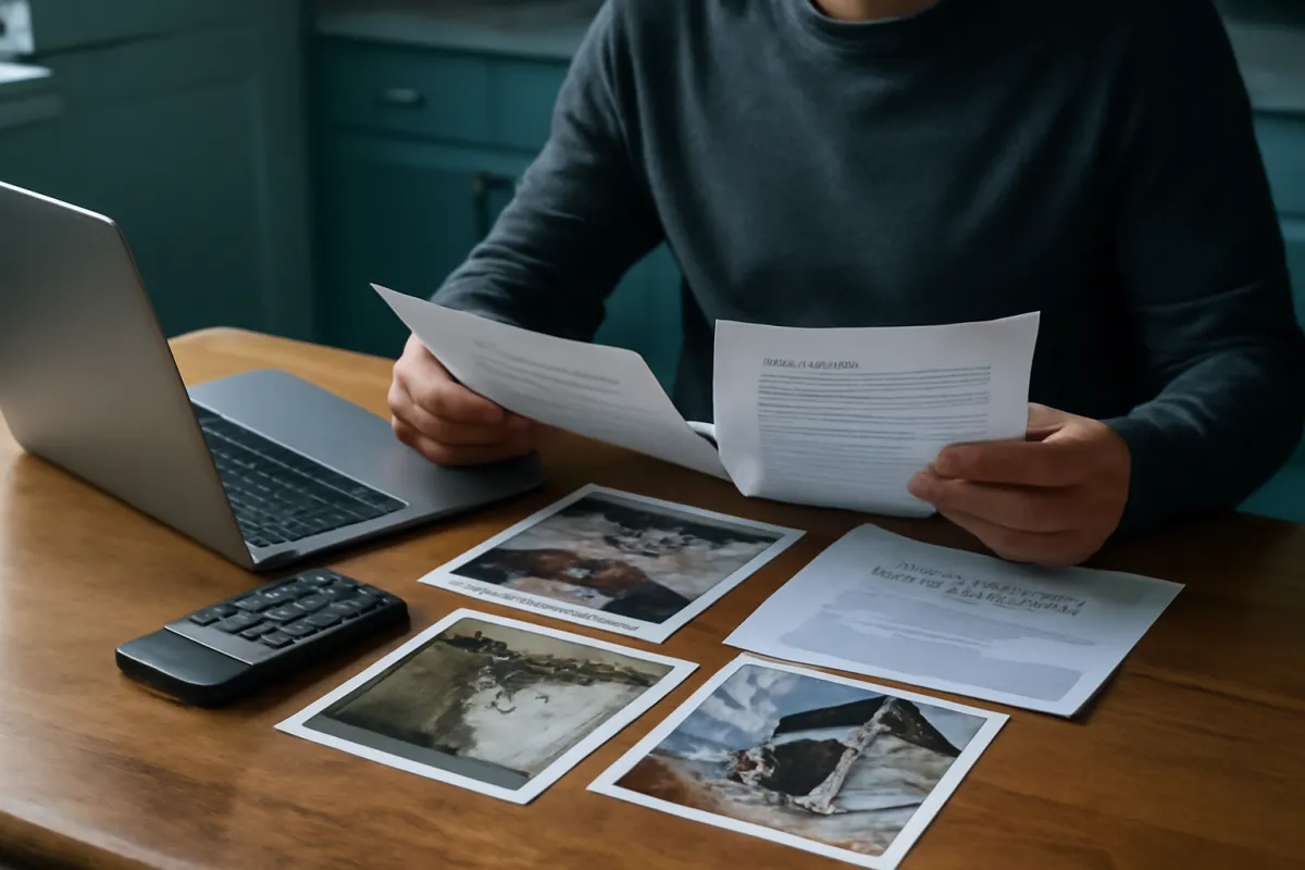 A person at a table reviewing home repair estimates and insurance settlement paperwork next to a laptop and calculator in cool neutral light